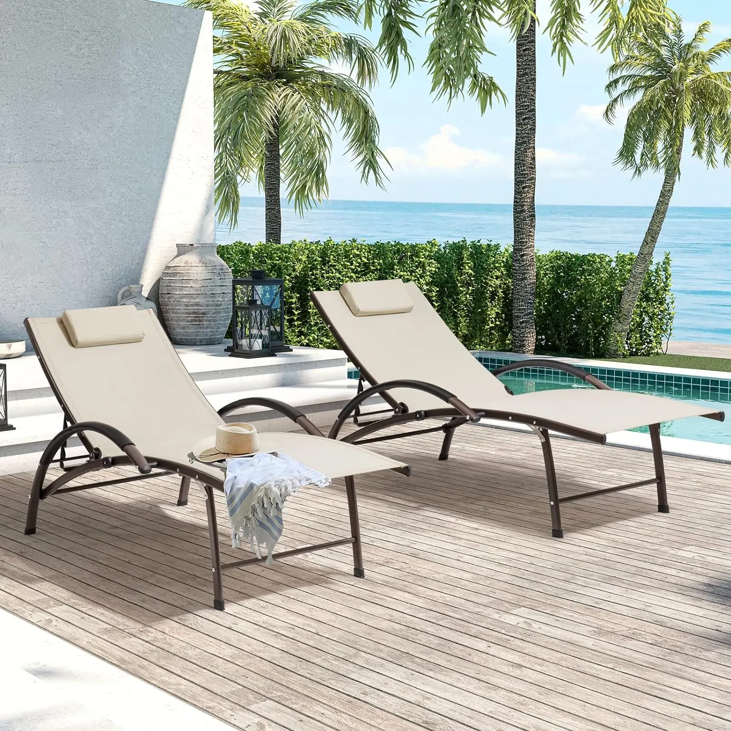 Outdoor Reclining Chaise Lounge Chair Aluminum Adjustable Portable Sun Tanning Lounge Chair All Weather Furniture in Brown