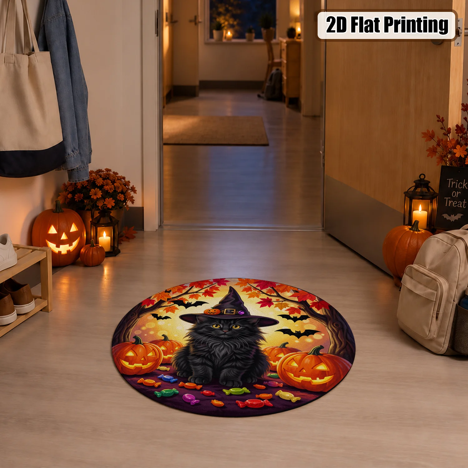 Halloween Black Cat Witch Hat Jack-O-Lantern Round Velvet Area Rug, Machine Washable Stable Grip, Ideal for Living Room, Bedroom, Entryway, Dining Room, Perfect for Halloween, Thanksgiving, Christmas, New Year, Black Friday, Cyber Monday Decor