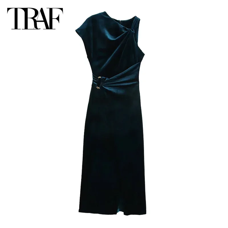 TRAF Velvet Long Dresses Women\'s Dresses 2024 Autumn Ladies Fashion Midi Sleeveless Prom Dress Vestidos Elegant Party Dresses