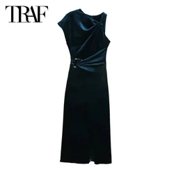 TRAF Velvet Long Dresses Women's Dresses 2024 Autumn Ladies Fashion Midi Sleeveless Prom Dress Vestidos Elegant Party Dresses