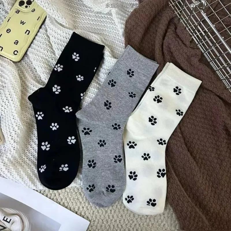 

3 pairs of women's cute cartoon dog and cat paw print mid-calf socks, breathable, comfortable, sweat-absorbing, lightweight sock