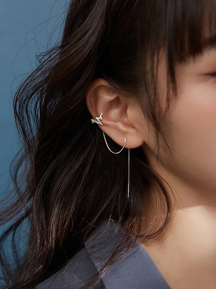 

Real 925 Sterling Silver Double Chain Clip On Earring Ear Cuff For Women Without Piercing Earring Jewelry Huggies DB1352