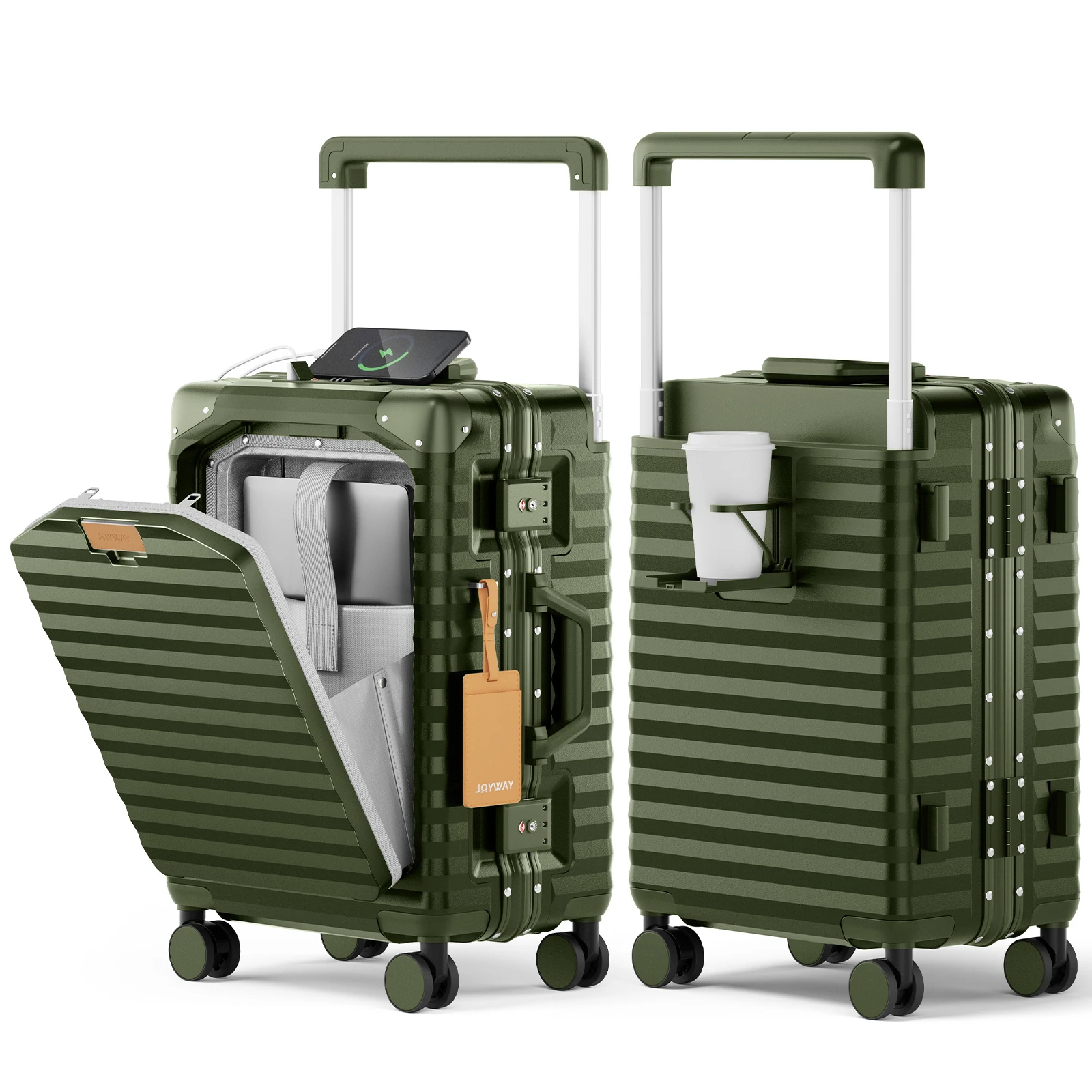 Joyway 20 Zoll Aluminium-Handgepäckkoffer mit Vordertasche, USB-Anschluss, Getränkehalter, TSA-Schloss und Spinner-Rädern