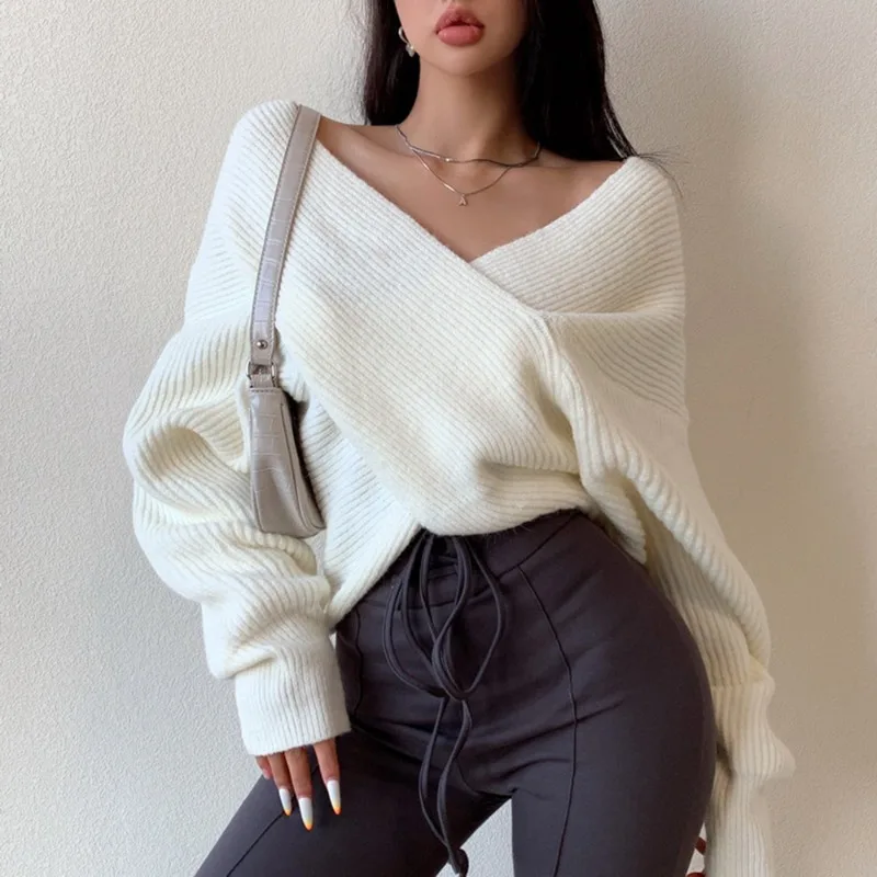 

Tuularose Women's V-Neck Pullover Sexy Off-Shoulder Asymmetric Oversized Casual Sweater Solid Commuter Streetwear Female Sweater