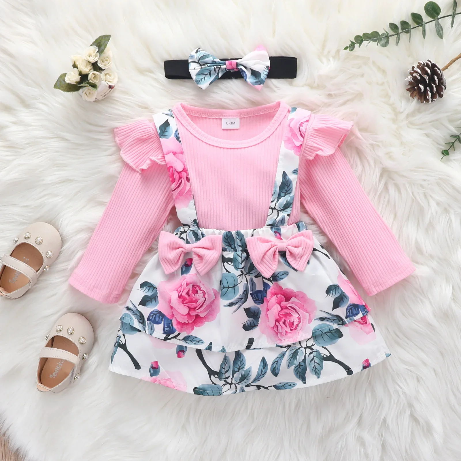 Toddler Baby Girls Clothes Sets Hanging Small Flying Sleeves Romper Flowers Bowknot Strap Skirt Head Knot Newborn Dress Suit