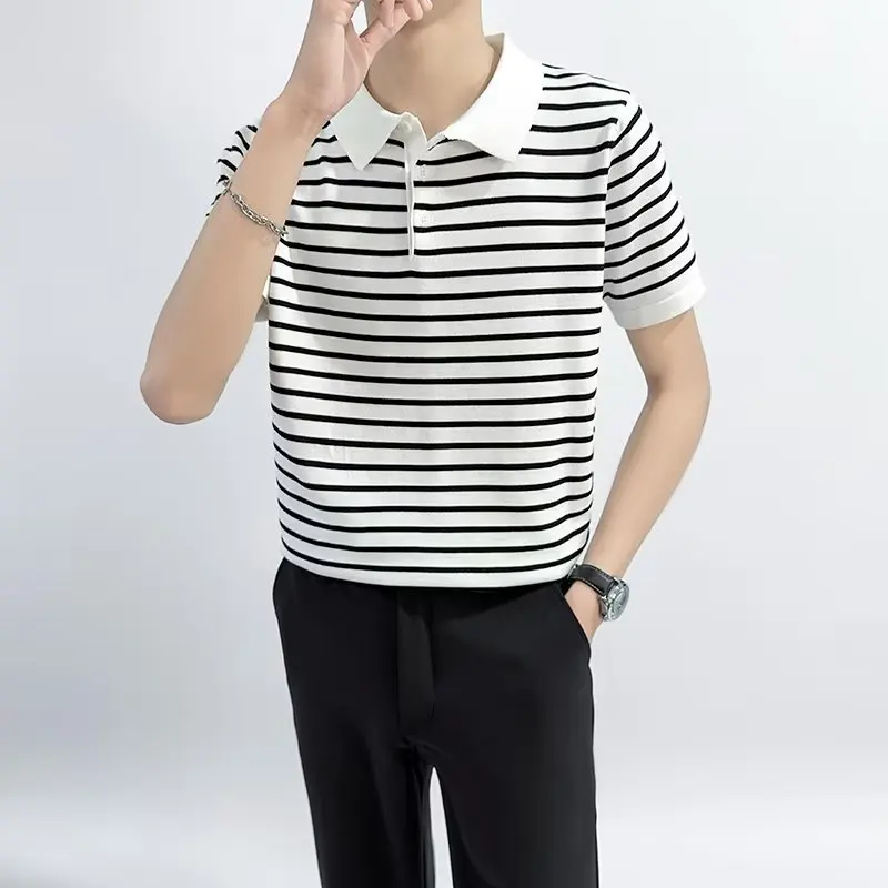 

Summer Men's Ice Silk Striped Polo Shirt Fashion Slim Fit Breathable Casual Top Versatile Handsome Lapel Short Sleeve T-shirt