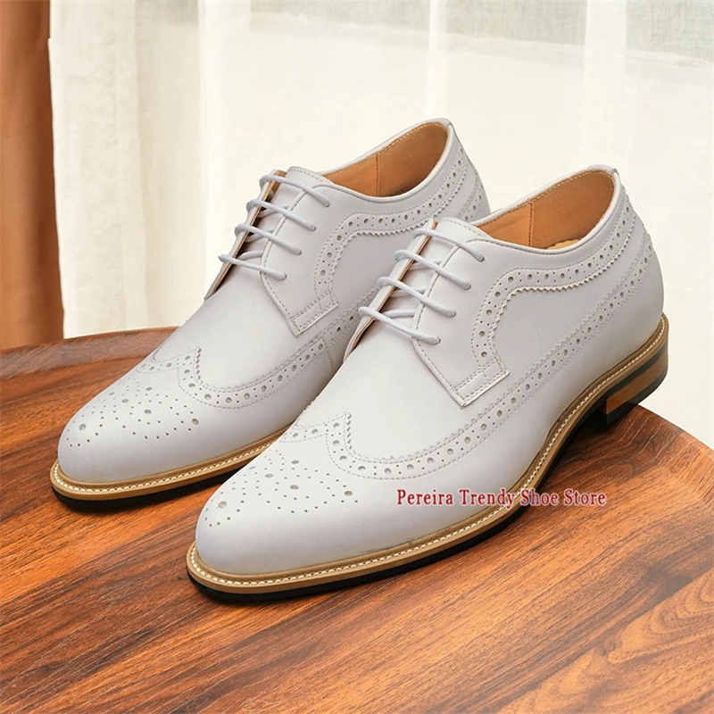 Men's White Cowhide Derby Shoes for Wedding Trendy Pointy Toe Inner Height Increasing Summer Banquet Party Business Dress Shoes