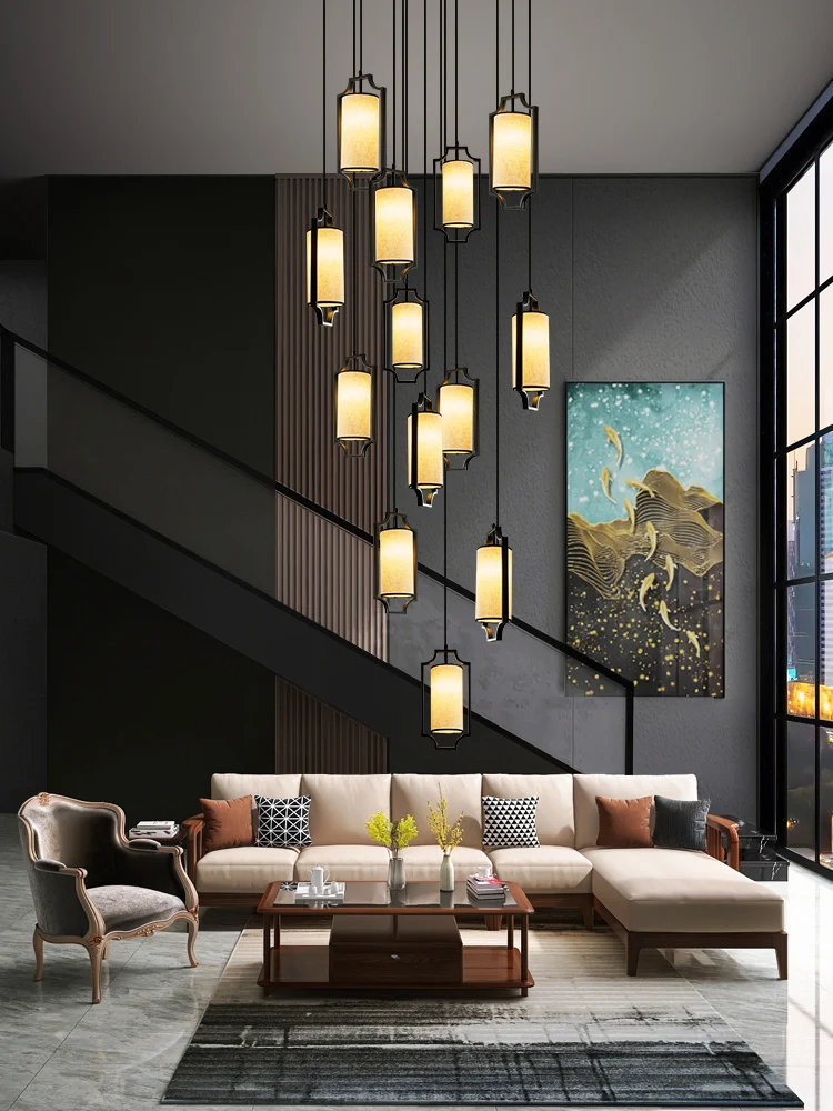 

New Chinese Style Rotating Staircase Long Chandelier Duplex Building Villa Black Jump Floor Empty Tea Restaurant Lamp