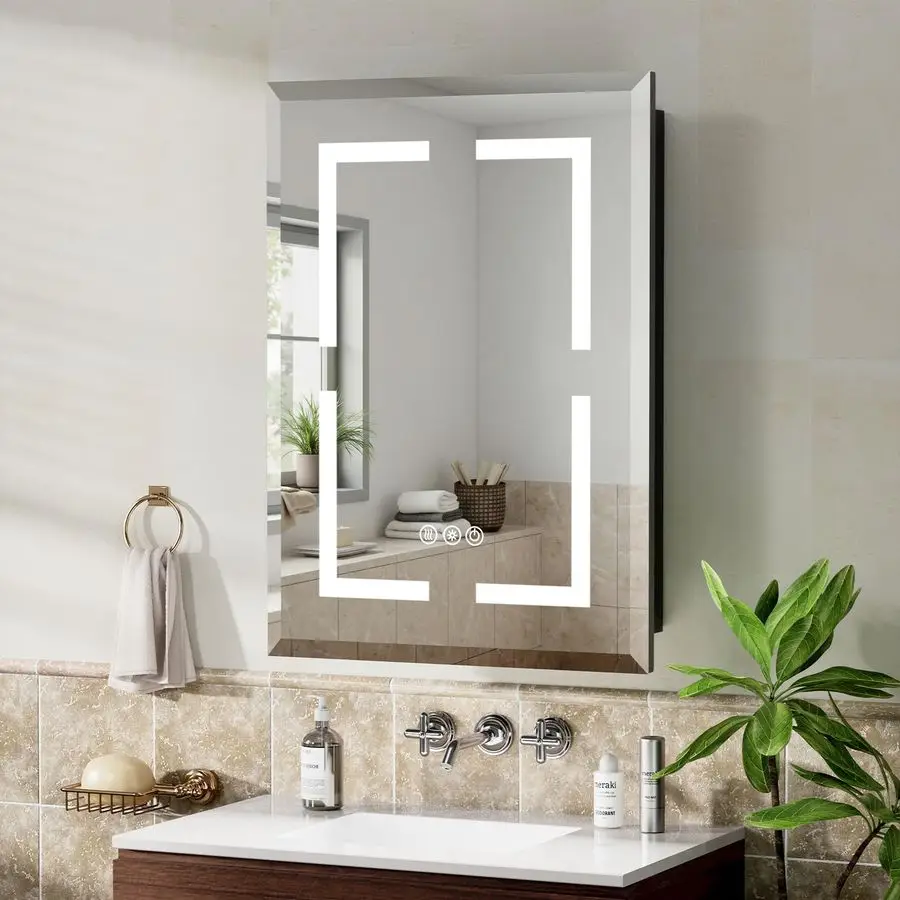 Inch Bathroom Medicine Cabinet with Mirror, Adjustable 3Color Brightness Dimming LED Mirror Cabinet Recessed or Wall Mounted, Bl