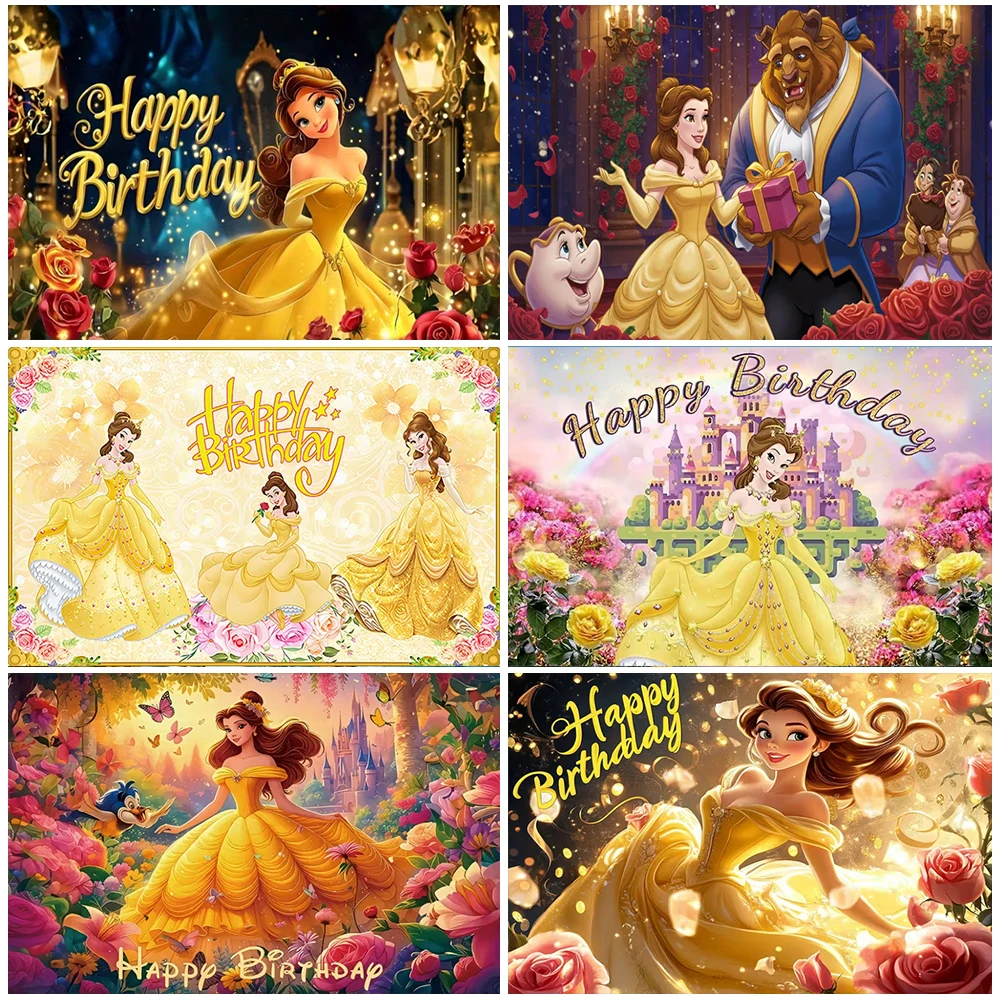 

Disney Beauty And The Beast Photography Background Belle Princess Birthday Backdrop Girl Party Decorations Baby Shower Supplies
