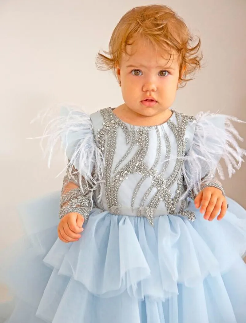 

Flower Girl Dress Blue Fluffy Layered Tulle Sparkle Applique Fringe Wedding Cute Flower Child Eucharistic Birthday Party Dress