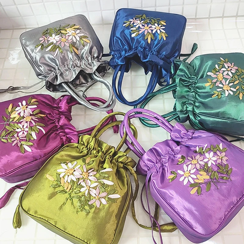 النمط الصيني الرجعية زهرة التطريز Crossbody الأعلى حقائب بيد المرأة الكتف الدانتيل الرباط دلو حقيبة محفظة للعملة حقائب اليد