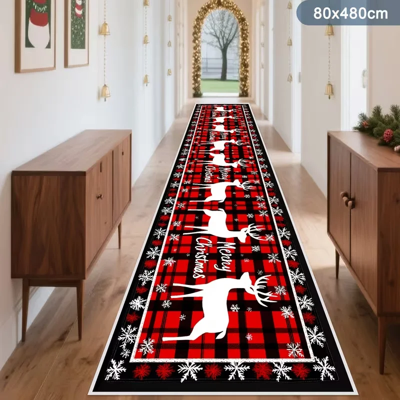 VIKAMA Christmas Long Runner Rug Non‑Slip Hallway Floor Mat Poinsettia Pattern For Corridor Xmas Home Decor