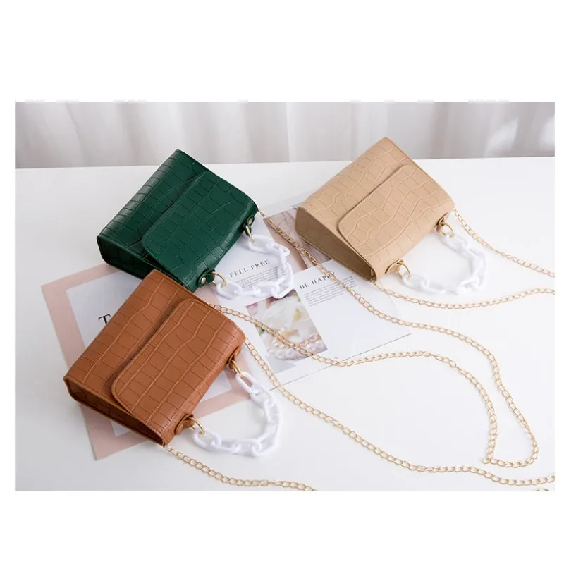 Fashion Women Mini Shoulder Bag Candy Color Acrylic Chain Jelly Bags Crocodile Pattern Leather Crossbody Bags Casual Handbag New