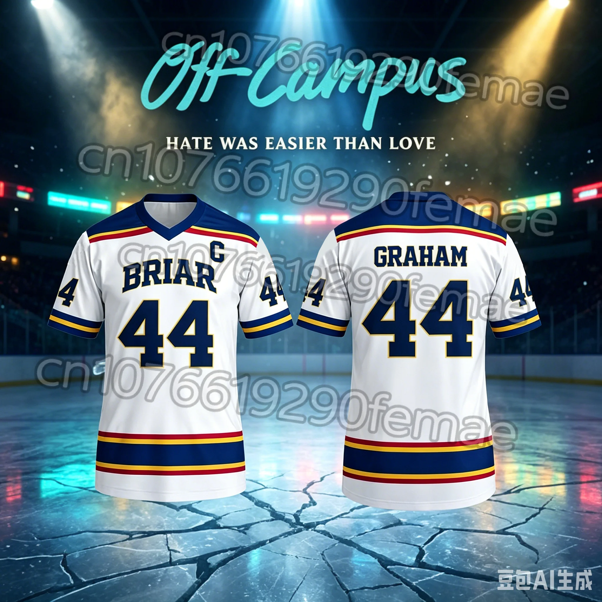 Camiseta de hockey Off Campus Briar U, camiseta deportiva unisex de manga corta con cuello en V para fanáticos del hockey sobre hielo, ropa de calle para cosplay, Garrett Graham 44