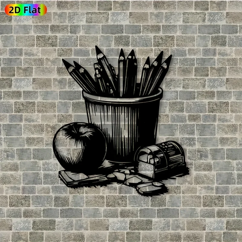 Metal Pencil Apple Wall Art Iron Sculpture, Rustproof Wall Hanging for Classroom Garden Fence Decor