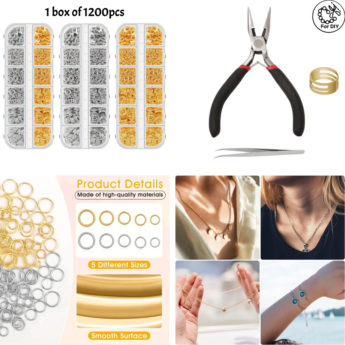 Jumping ring, used for making necklaces, bracelets, pendants and repairing necklaces, equipped with jumping ring pliers
