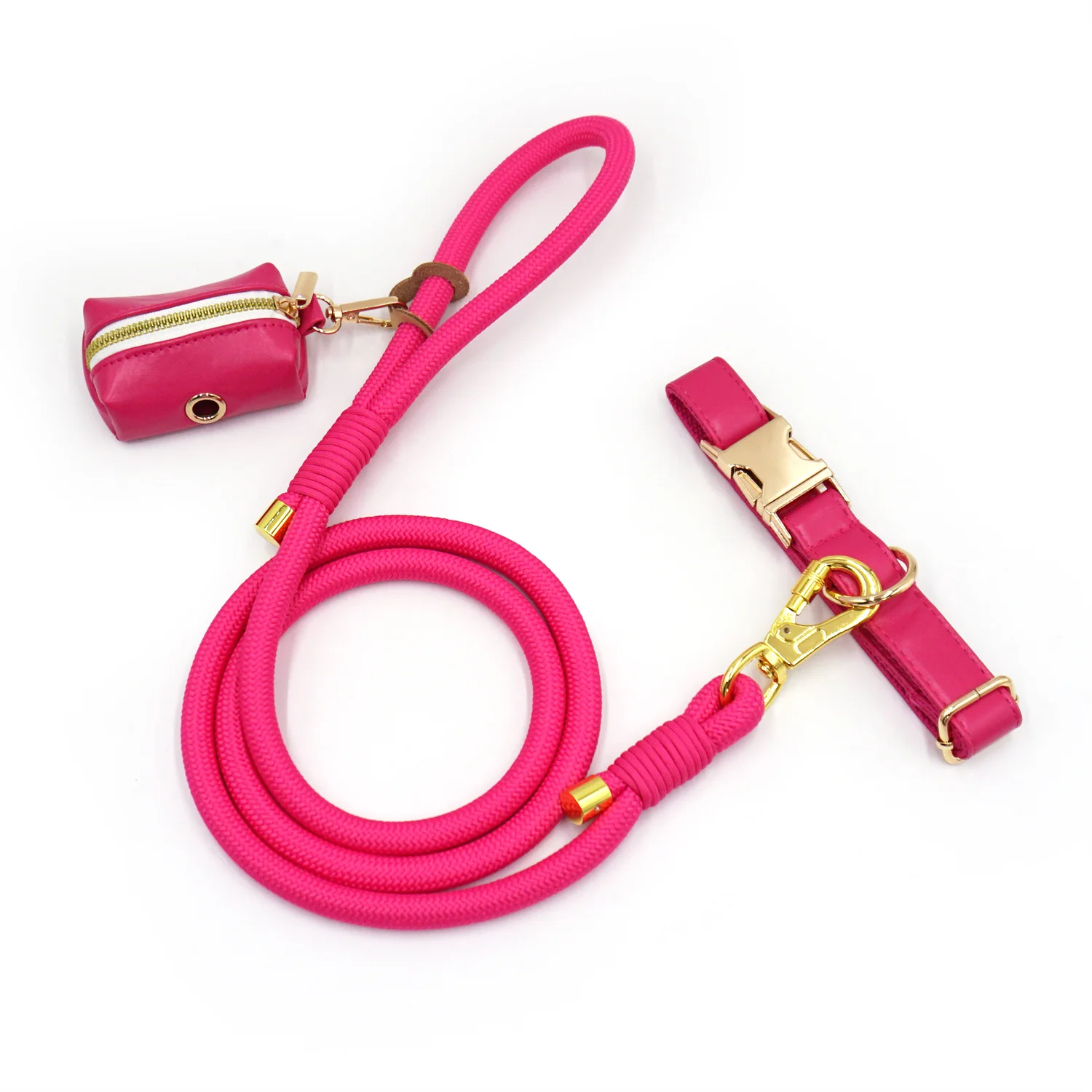 Rose Designer Dog Collar Personalized Leather Pet Collar for Small Medium and Large Dog 3PCS Dog Collar Lead Poop Bag Holder Set