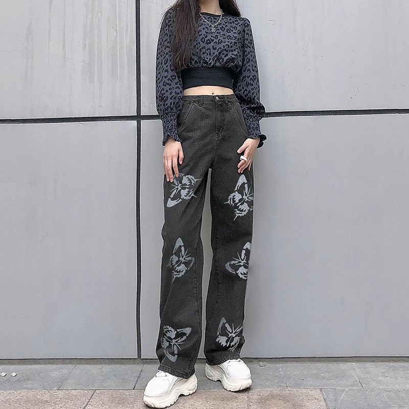 

Spring/summer women's butterfly print loose straight leg wide leg denim trousers floor length pants for beautiful women