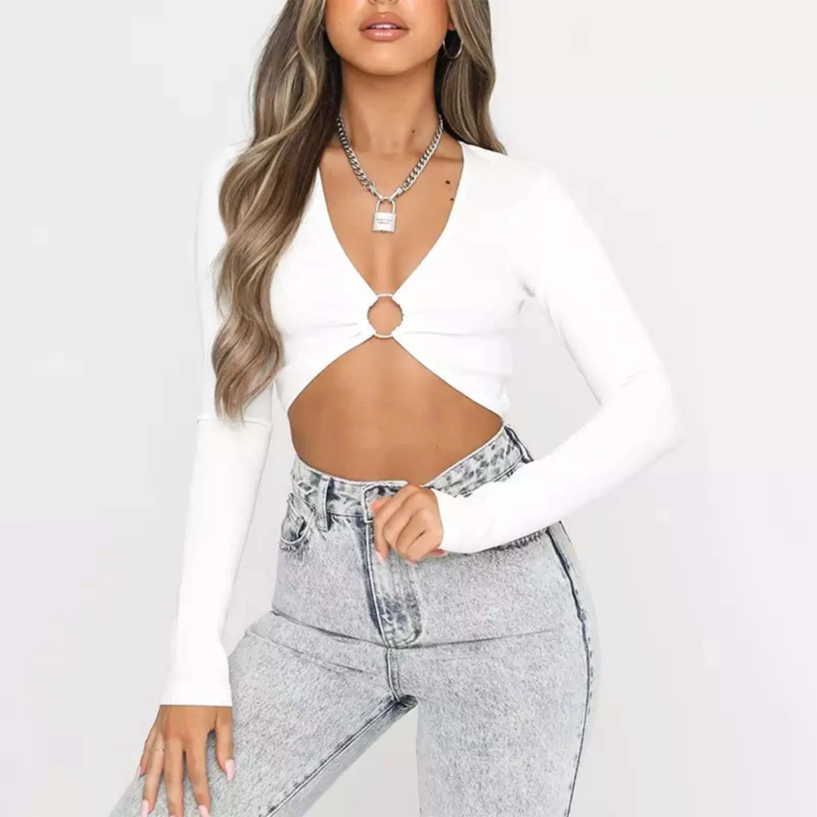 Fashion Summer Short Tops For Women Sexy Deep V-Neck Long Sleeve Solid Color Crop Top Ladies Hollow Ring Exposed Navel T-Shirt