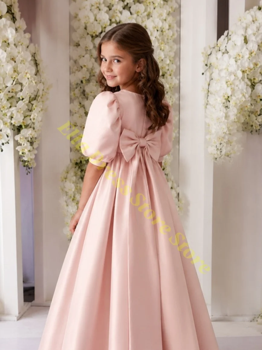 Großhandel Elegantes Blumenmädchenkleid Hochwertiger Rosa Satin Flauschige Große Schleife für Kinder Hochzeit Geburtstag Party Abendballkleider Maßanfertigung – Detail 5