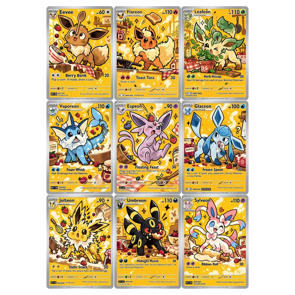 Cute Cooking Eeveelutions Custom Fan-Art Cards Vaporeon Flareon Umbreon Espeon Holographic Full-Art English Collector Card
