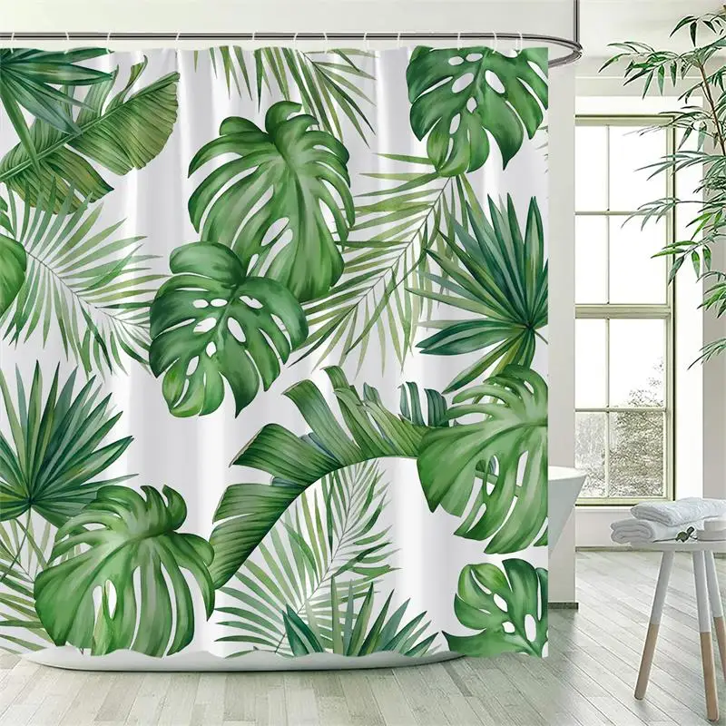 Tropical Plants Floral Shower Curtains Beige Green Palm Leaves Flowers Nordic Decor Bathroom Polyester Fabric Bath Curtain Sets