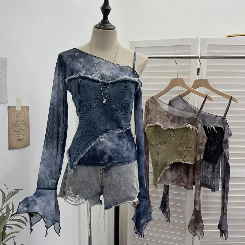 High Quality Hot Selling Wholesale Autumn Diagonal Shoulder Strap Mesh Splicing Denim Horn Long Sleeved Top Short T-shirt Women