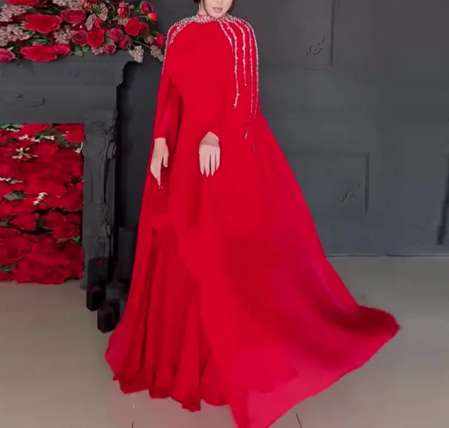 Elegant Party Women\'s Dresses O-Neck Flowing Long Sleeve Rhinestone Sinblood Terry Malick Ballgown High Waisted Long Dresses