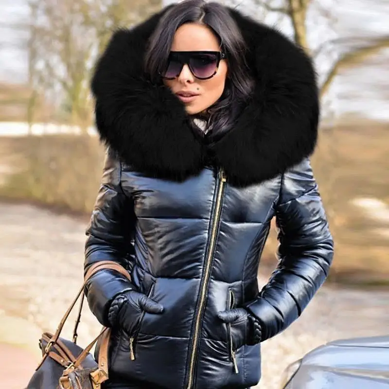Women's Autumn Winter Faux Fur Hooded Warm down Coat Zipper Closure Casual Outerwear Padded Jacket Regular Thickness