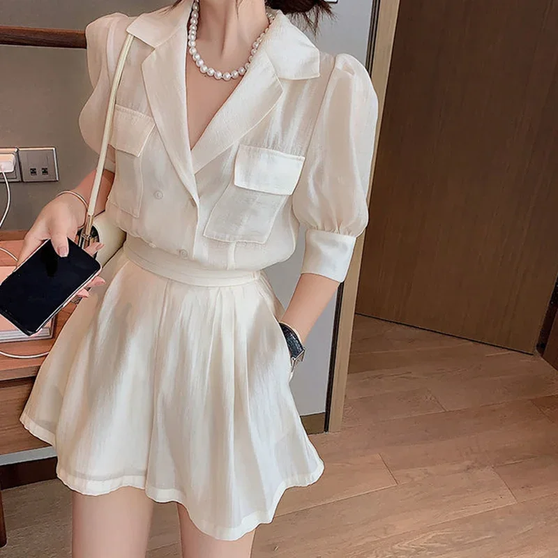 Summer 2024 New Elegant Fashion Solid Puff Sleeve Pockets Chiffon Casual Suit Shorts Two Piece Set Office Lady Vocation Clothing