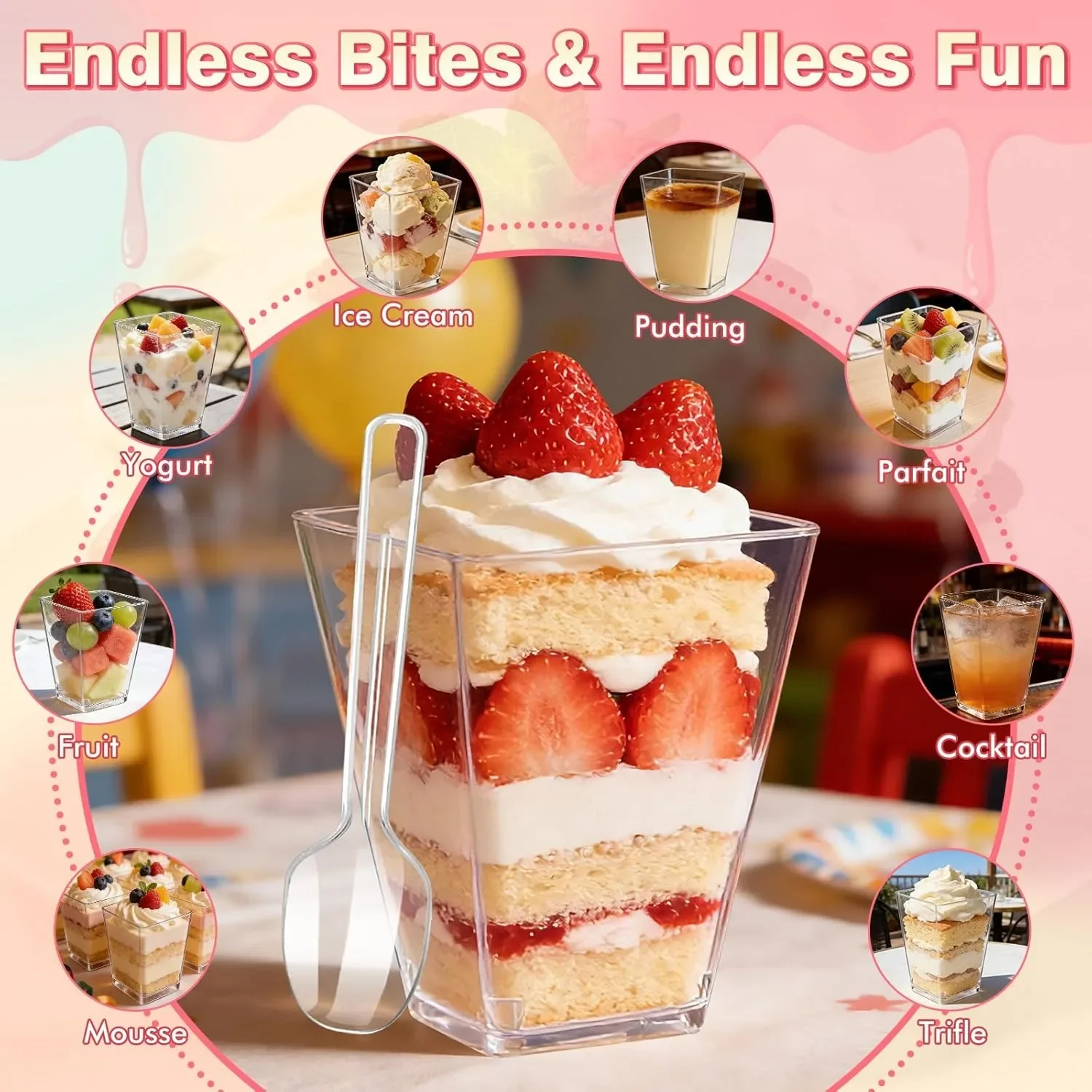 50PCS Clear Dessert Cups With Lids And Spoons,5oz 150ml Square Plastic Parfait Cups,2.4 inch Top 1.6 inch Bottom 3.0 inch Height,4.0 inch Mini Spoons,Stackable Portion Containers For Pudding Mousse Yogurt Fruit Jello,Home Meal Prep,Party Serving