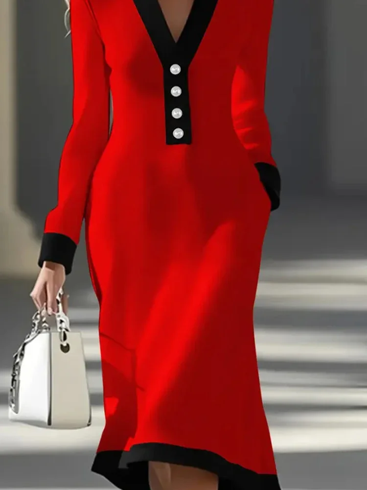 

Сексуальное платье миди с v-образным вырезом и длинными рукавами, женское модное цветное платье трапециевидной формы на пуговицах, элегантные вечерние платья с высокой талией и карманами