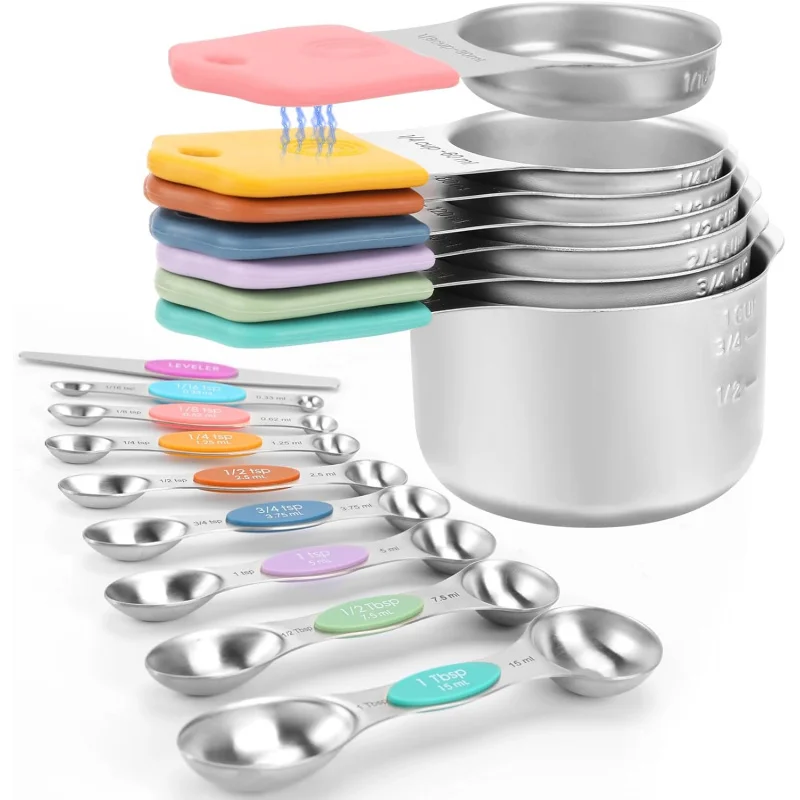 

Professional 16-Piece Magnetic Measuring Set: 304 Stainless Steel Cups & Spoons with Dual Markings (Metric & US) & Leveler