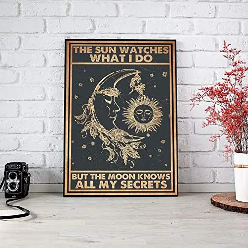 SIGNCHAT The Sun Watches What I Do But The Moon Knows All My Secrets Poster Hippie Sun and Moon Wall Art Vintage Yoga Boho Art V