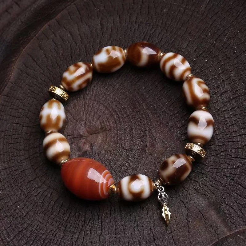 Natural Multi-Gem Dzi Bead Single Loop Wrapped Agate Candid Three-Eyed Bracelet