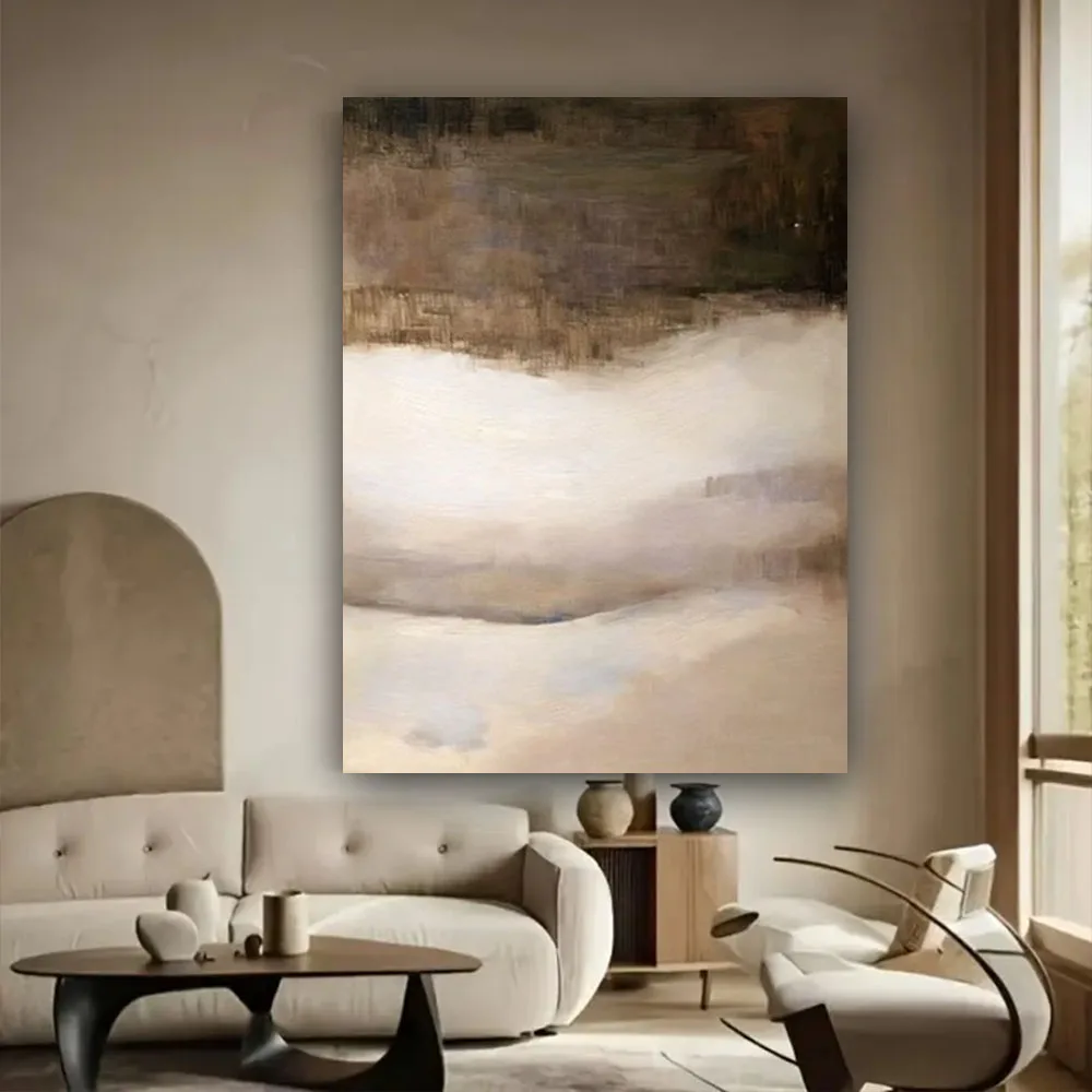Hand-Painted Oil Paintings Modern Abstract Landscape Autumn Lake View Golden Fallen Leaves Canvas Painting Living Room Wall Art