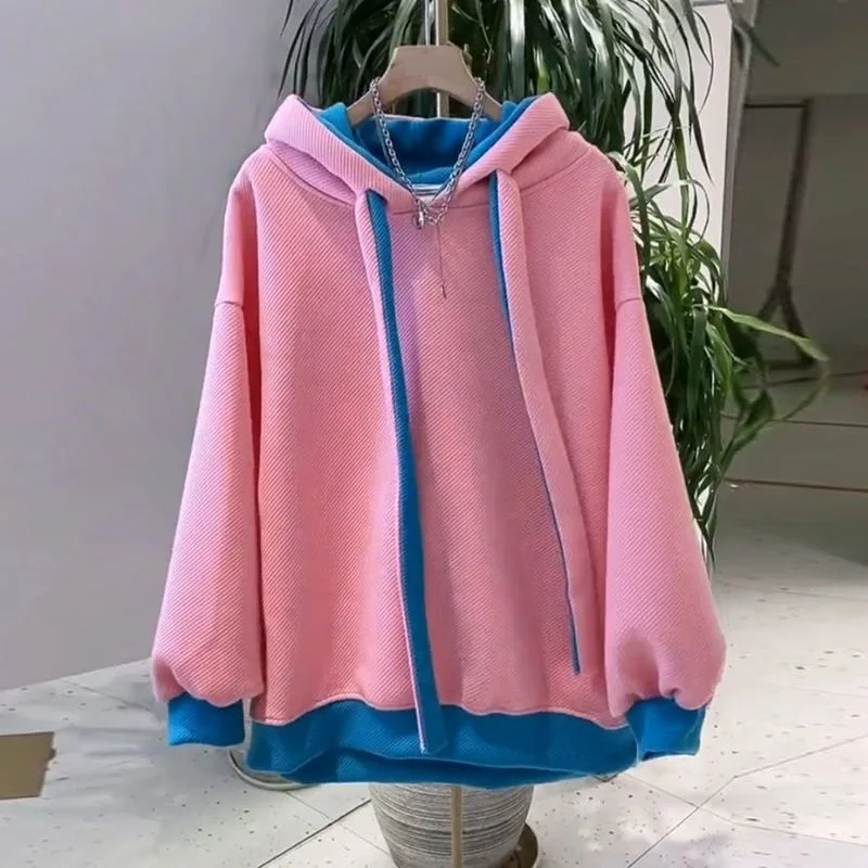 Contrast Hooded Double layered Thickened Sweatshirt For Women Autumn Winter Loose Fitting Fake Two-piece Top Female Sweatshirts