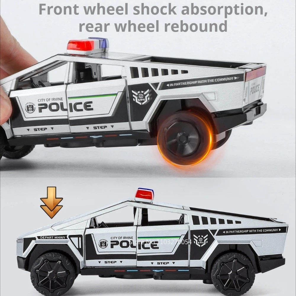 รถกระบะของเล่นโลหะผสมแบบหล่อขึ้นรูป 1:32 รุ่นรถตำรวจ ประตูเปิดได้ มีเสียง มีไฟ แบบดึงหลัง รถจิ๋ว ของตกแต่ง
