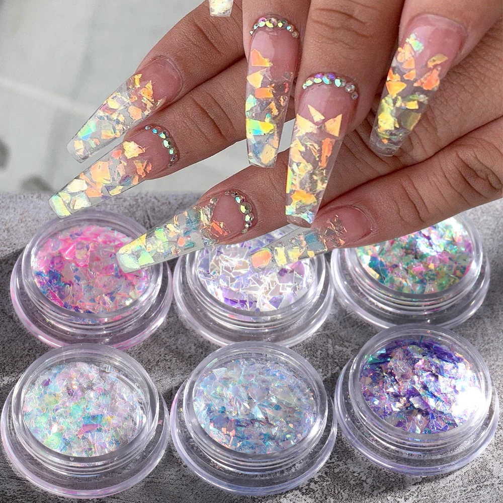 6Pcs Iridescent Glitter Opal Powder Nail Mylar Flakes Aurora Shatter Glass Nail Flakies Mermaid Sequins Manicure GLJG01-06