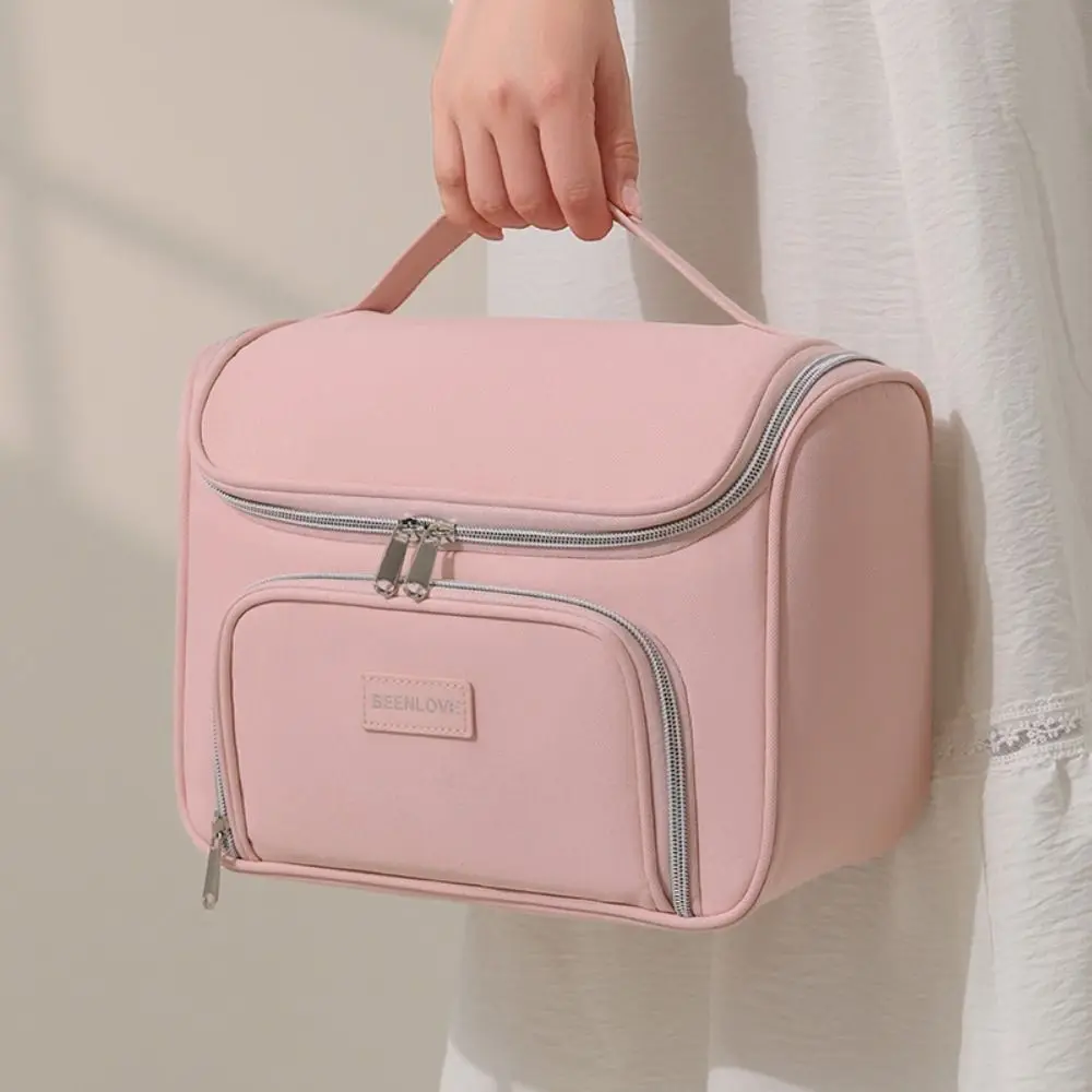 Multi Compartment Cosmetic Bag Double Zipper Front Pocket Makeup Organizer Bag Portable Carry Handle Travel Makeup Case