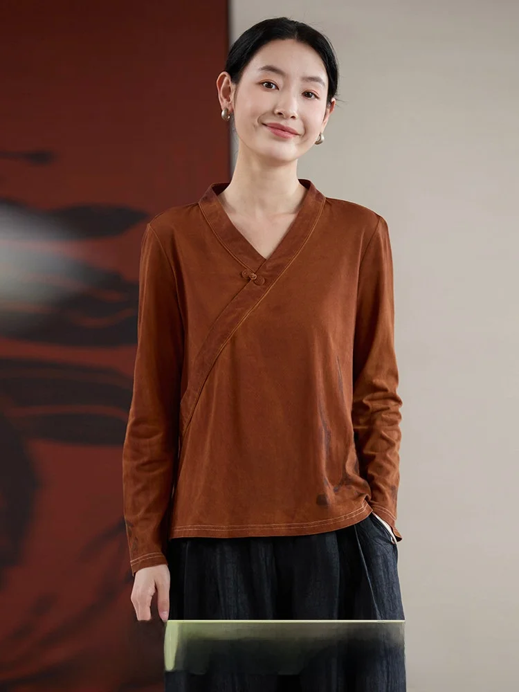 

Лимитированная серия, оригинальный дизайн, 100% хлопок, трикотажная футболка с воротником, длинными рукавами, V-образным вырезом, влагоотводящая, прямого кроя, Hanfu S...