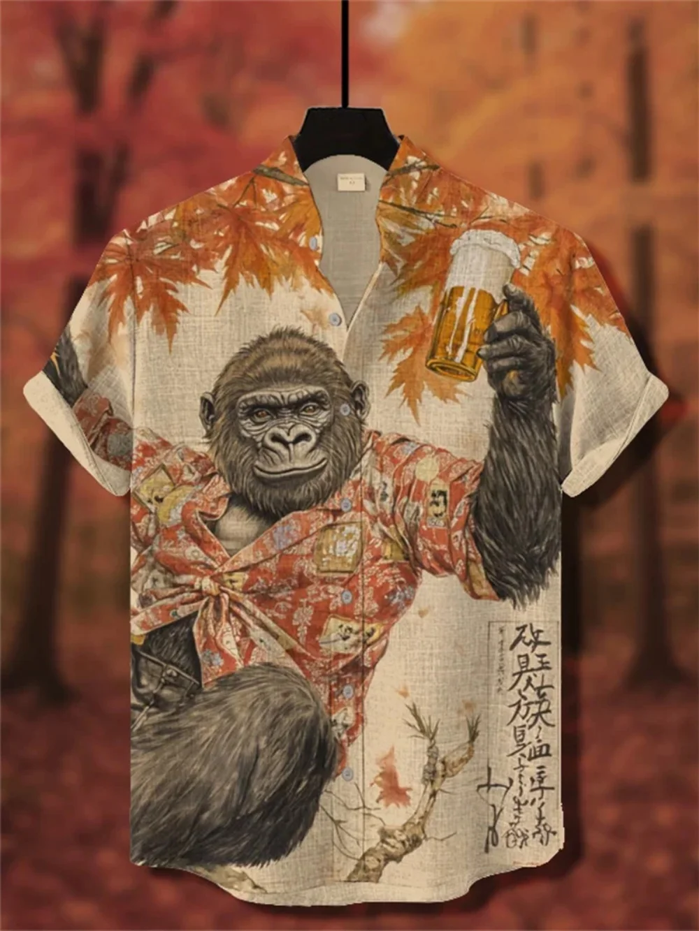 Men's Japanese Retro Art Short Sleeve Linen Shirt Creative Printed Button up Fashionable Stand Collar High-Quality Social Wear
