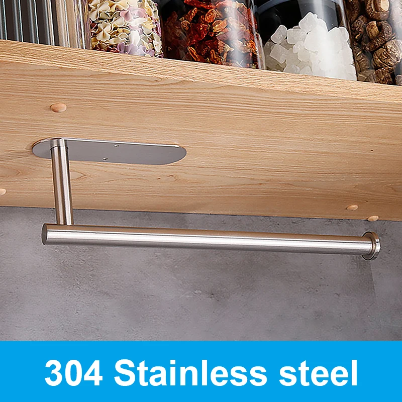 Kitchen Bathroom Accessories Wall Mount Adhesive Kitchen Toilet Roll Paper Holder Cabinet Storage Stainless Stand Napkin Rack