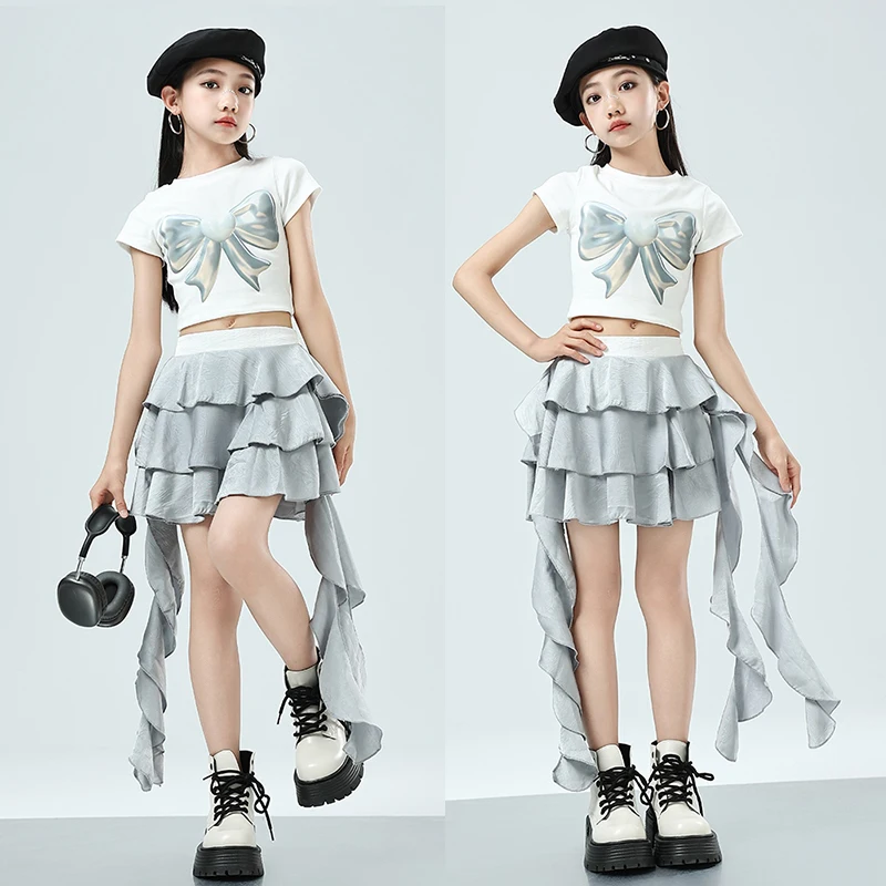 2024 Kid's Hip Hop Dance Performance Costume Girl's White Bow Tops Silvery Skirt Set Fashionable Jazz Competition Outfits XH526