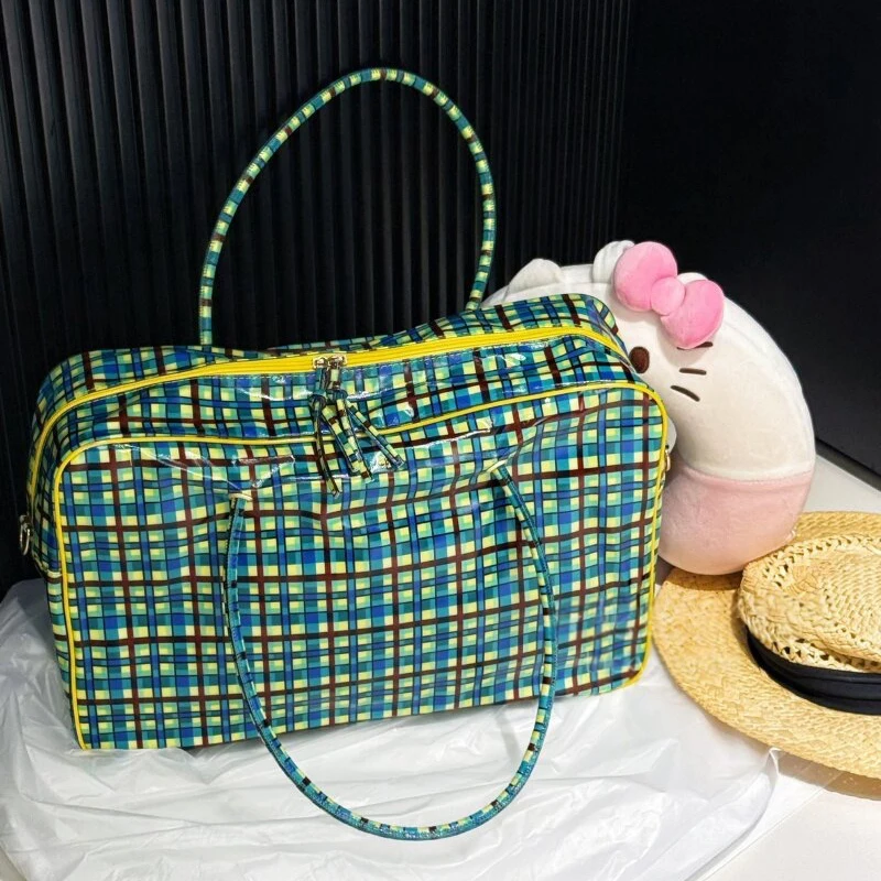 Karierte Schultertasche, Damen-Tragetasche mit großem Fassungsvermögen, minimalistische gelb-grüne Colorblock-Reisetasche mit Tragegriff – Detail 22