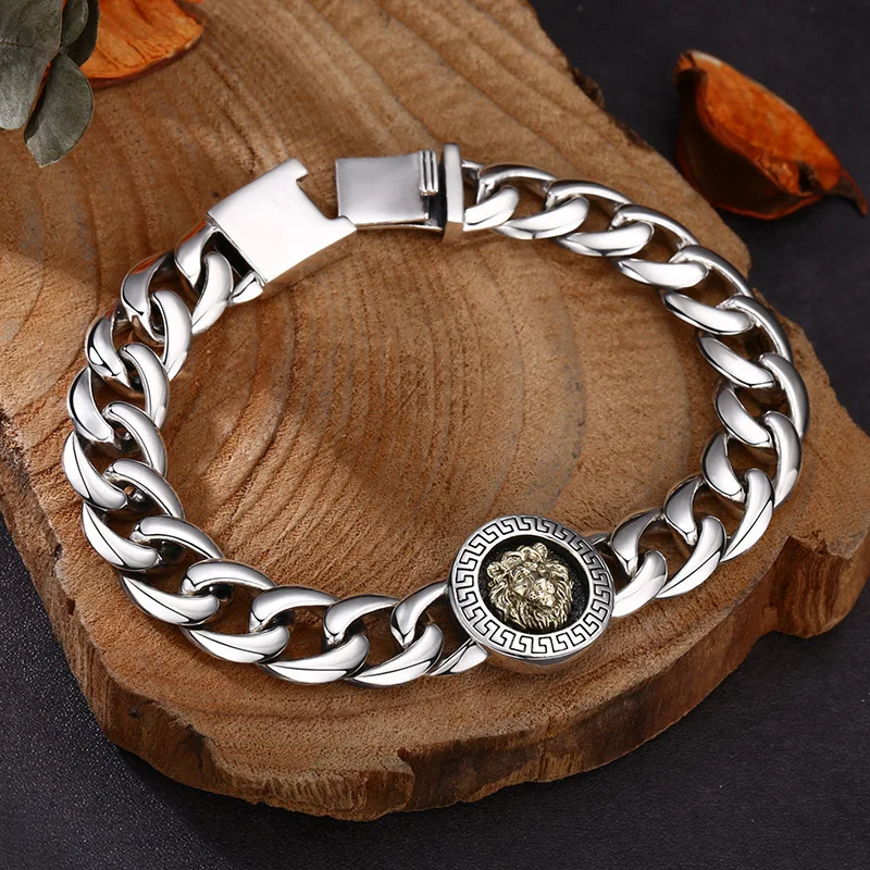 Retro Punk S925 Sterling Silver Mens Bracelet Thick Curb Cuban Chain Two-tone Lion Head Round Charm Male Wristband Jewelry 3