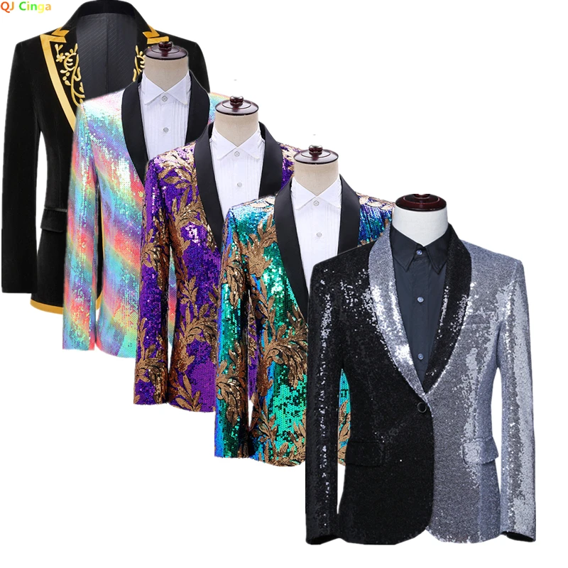 

Men's Black and Silver Stitching Suit Jacket, Shiny Sequin Dress Jackets, Wedding Party Program Performance Men Blazers