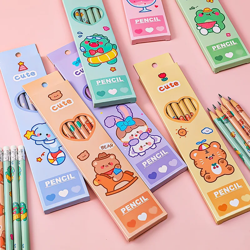 6PCS/SET Cartoon Cute Graphite Animation Pencil HB Kawaii Children's Sketch Pencil With Rubber Student Stationery Writing Pencil