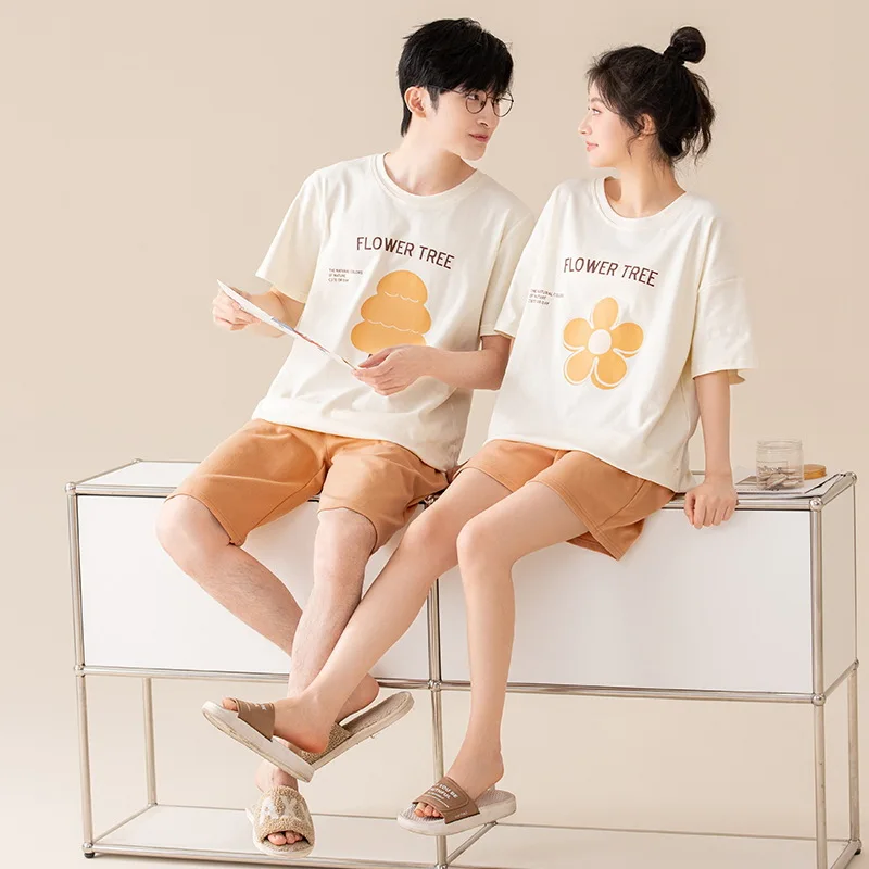 

100% Cotton Couples Summer Sleepwear Cartoon Cute Short Pajamas Set Women and Men Matching Homewear pijamas para parejas